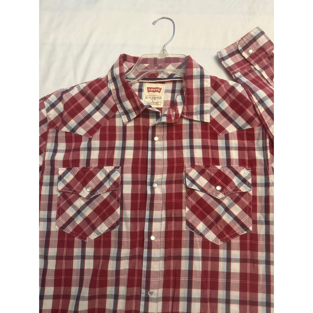 Levis Mens Modern Fit Western Pearl Snap Shirt Red Plaid Large 3LYLW0022